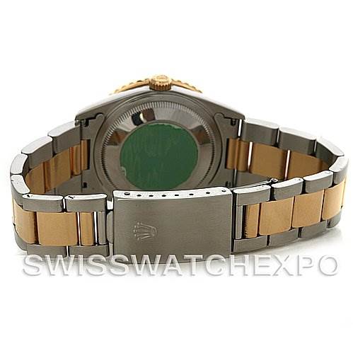 The image shows the back view of a Rolex Turn-o-Graph 16263 Men's Steel and Gold (two tone) Black Dial 16263 Men's Steel and Gold (two tone) Black Dial watch, highlighting the case back, bracelet, and clasp.