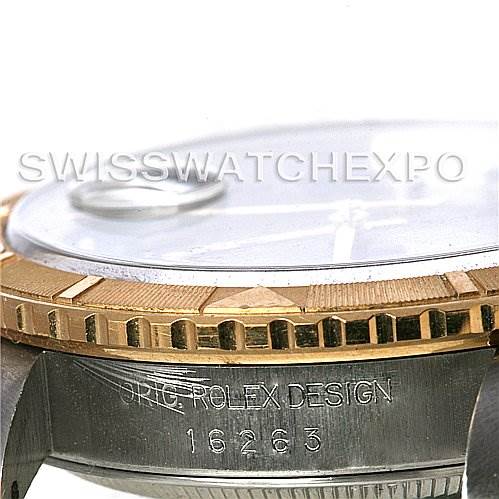 This image shows a side view of the Rolex Turn-o-Graph 16263 Men's Steel and Gold (two tone) Black Dial 16263 Men's Steel and Gold (two tone) Black Dial watch, highlighting its bezel and part of the case with the model number 16263.