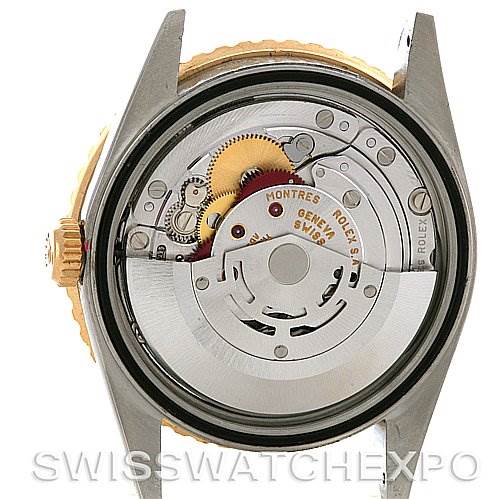 The image shows the back view and internal mechanism of a Rolex Turn-o-Graph 16263 Men's Steel and Gold (two tone) Black Dial 16263 Men's Steel and Gold (two tone) Black Dial watch.