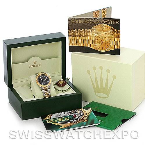 The image shows a Rolex Turn-o-Graph 16263 Men's Steel and Gold (two tone) Black Dial 16263 Men's Steel and Gold (two tone) Black Dial watch in a box with manuals and warranty cards.