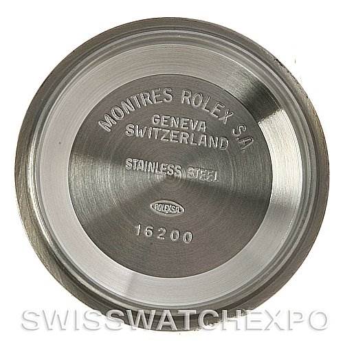 This image shows the engraved stainless steel case back of a Rolex Turn-o-Graph 16263 Men's Steel and Gold (two tone) Black Dial 16263 Men's Steel and Gold (two tone) Black Dial watch, viewed from above.