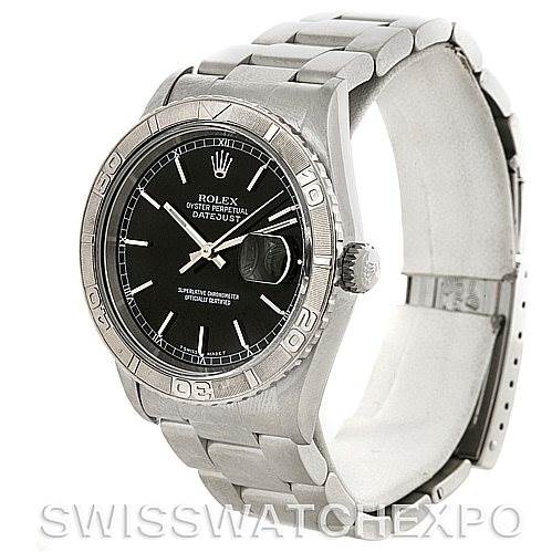 This image shows a front-side angle of the Rolex Turn-o-Graph 16264 Men's Stainless Steel Black Dial 16264 Men's Stainless Steel Black Dial watch, highlighting its bezel, dial, crown, and bracelet.
