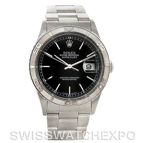 The image shows a Rolex Turn-o-Graph 16264 Men's Stainless Steel Black Dial 16264 Men's Stainless Steel Black Dial watch, featuring its stainless steel bracelet, bezel, black dial, and date display.