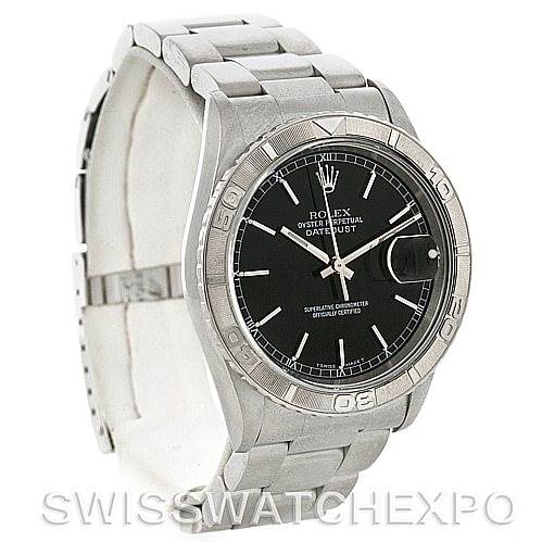 The image shows a Rolex Turn-o-Graph 16264 Men's Stainless Steel Black Dial 16264 Men's Stainless Steel Black Dial watch from a three-quarter angle, highlighting its bezel, dial, and bracelet.