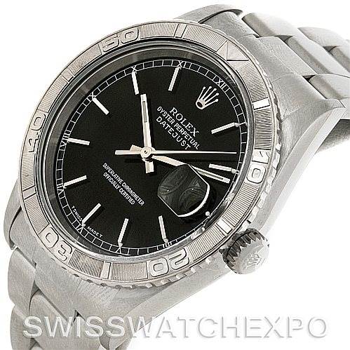 The image shows a Rolex Turn-o-Graph 16264 Men's Stainless Steel Black Dial 16264 Men's Stainless Steel Black Dial watch at a three-quarter angle, highlighting the dial, bezel, and part of the bracelet.