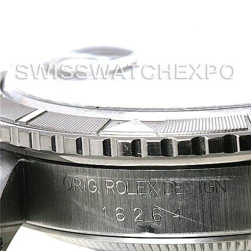 This image shows a close-up side view of the bezel and case of a Rolex Turn-o-Graph 16264 Men's Stainless Steel Black Dial 16264 Men's Stainless Steel Black Dial watch, displaying the engraved "ORIG ROLEX DESIGN 1626."