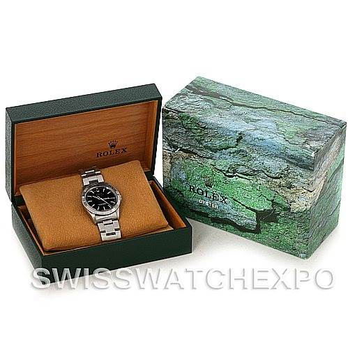 The image shows a Rolex Turn-o-Graph 16264 Men's Stainless Steel Black Dial 16264 Men's Stainless Steel Black Dial watch in its open display box, alongside a closed outer box.