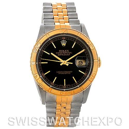 This image shows a front view of the Rolex Turn-o-Graph 16263 Men's Steel and Gold (two tone) Black Dial 16263 Men's Steel and Gold (two tone) Black Dial watch, highlighting its black dial, gold bezel, and two-tone bracelet.