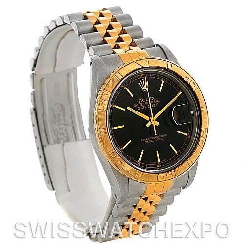 This image displays the Rolex Turn-o-Graph 16263 Men's Steel and Gold (two tone) Black Dial 16263 Men's Steel and Gold (two tone) Black Dial watch from a three-quarter angle, showing the face, bezel, and two-tone bracelet.