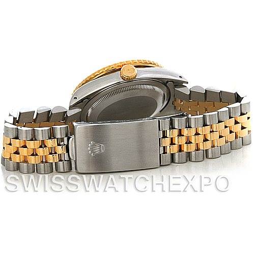 This image shows the back and side of the Rolex Turn-o-Graph 16263 Men's Steel and Gold (two tone) Black Dial 16263 Men's Steel and Gold (two tone) Black Dial watch, highlighting the bracelet and clasp with the crown logo.