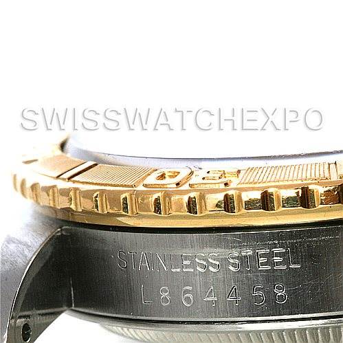 The image shows a close-up of the side of a Rolex Turn-o-Graph 16263 Men's Steel and Gold (two tone) Black Dial 16263 Men's Steel and Gold (two tone) Black Dial watch, highlighting the stainless steel casing and part of the bezel.