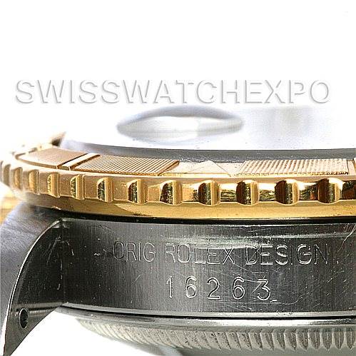This image shows a close-up side view of the bezel and case of a Rolex Turn-o-Graph 16263 Men's Steel and Gold (two tone) Black Dial 16263 Men's Steel and Gold (two tone) Black Dial model, displaying the serial number 16263.