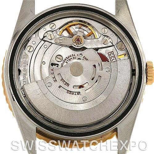 This image shows the back view of a Rolex Turn-o-Graph 16263 Men's Steel and Gold (two tone) Black Dial 16263 Men's Steel and Gold (two tone) Black Dial, revealing the internal mechanism and movement components.