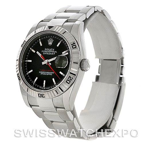 The image shows a angled view of a Rolex Turn-o-Graph 116264 Men's Stainless Steel Black Dial 116264 Men's Stainless Steel Black Dial watch, displaying its bracelet, face, bezel, and crown.
