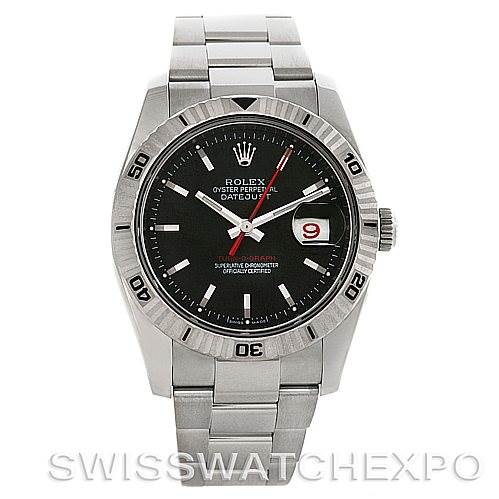 The image shows a front view of the Rolex Turn-o-Graph 116264 Men's Stainless Steel Black Dial 116264 Men's Stainless Steel Black Dial watch, displaying the bezel, dial, hands, date window, and bracelet.