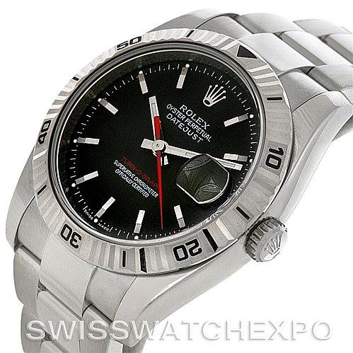 The image shows a close-up, angled view of a Turn-o-Graph Rolex watch, highlighting its bezel, dial, bracelet, and crown.