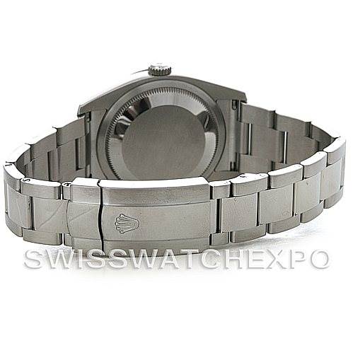 The image shows the back view of a Rolex Turn-o-Graph 116264 Men's Stainless Steel Black Dial 116264 Men's Stainless Steel Black Dial watch, highlighting the case back, crown, and metal bracelet with the Rolex logo.