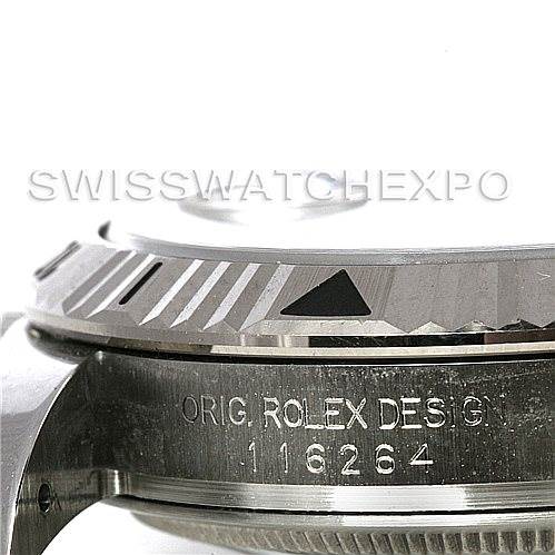 This image shows a close-up side view of the bezel and casing of a Rolex Turn-o-Graph 116264 Men's Stainless Steel Black Dial 116264 Men's Stainless Steel Black Dial model, including the engraved model number.