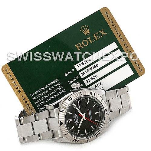 The image shows a Rolex Turn-o-Graph 116264 Men's Stainless Steel Black Dial 116264 Men's Stainless Steel Black Dial watch at an angle revealing the face, bezel, and bracelet, accompanied by its certification card.