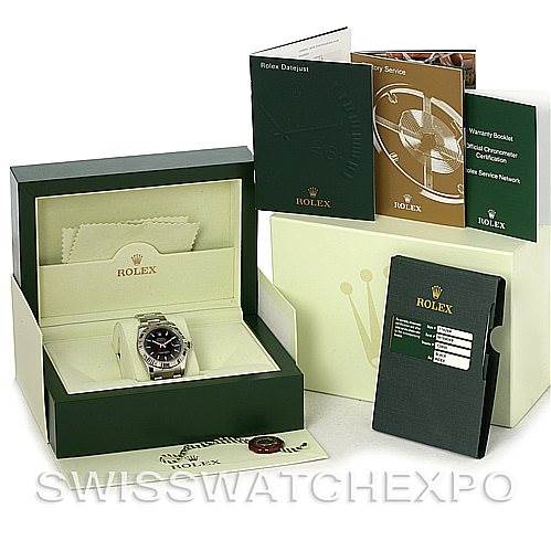 The image shows a Rolex Turn-o-Graph 116264 Men's Stainless Steel Black Dial 116264 Men's Stainless Steel Black Dial watch in its box, with accompanying booklets, tags, and card.