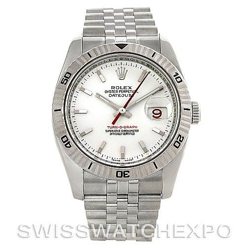 This image shows a front view of the Rolex Turn-o-Graph 116264 Men's Stainless Steel White Dial 116264 Men's Stainless Steel White Dial watch, highlighting the bezel, dial, hands, date window, and bracelet.