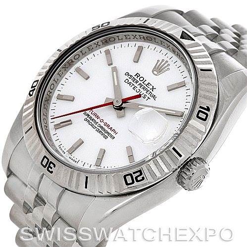 This image shows a Rolex Turn-o-Graph 116264 Men's Stainless Steel White Dial 116264 Men's Stainless Steel White Dial watch at a slight angle, displaying its bezel, dial, crown, and part of the metal bracelet.