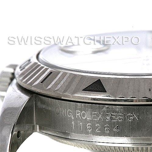 This image shows a close-up, side view of a Rolex Turn-o-Graph 116264 Men's Stainless Steel White Dial 116264 Men's Stainless Steel White Dial watch, highlighting the bezel, case, and part of the crown.