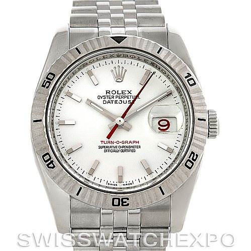 This image shows a front view of a Rolex Turn-o-Graph 116264 Men's Stainless Steel White Dial 116264 Men's Stainless Steel White Dial with a silver bezel, white dial, and silver bracelet.