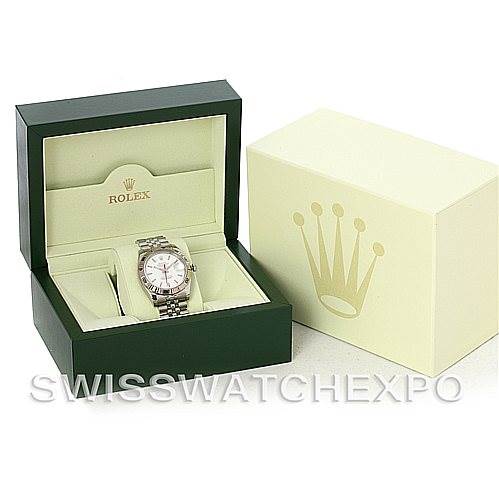 The image shows a Rolex Turn-o-Graph 116264 Men's Stainless Steel White Dial 116264 Men's Stainless Steel White Dial watch at a three-quarter angle in an open green box, with a closed beige outer box beside it.