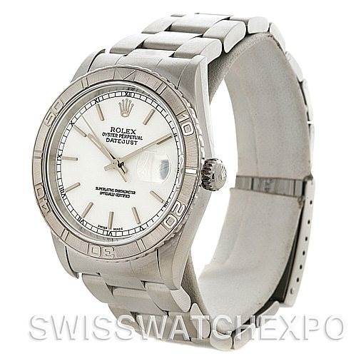 The image shows an angled view of the Rolex Turn-o-Graph 16264 Men's Stainless Steel White Dial 16264 Men's Stainless Steel White Dial watch, highlighting its bracelet, dial, and rotating bezel.