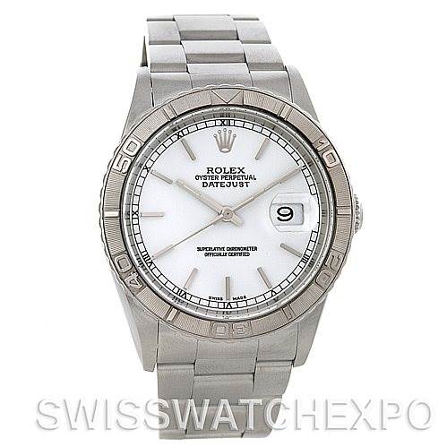 This image shows a front view of the Rolex Turn-o-Graph 16264 Men's Stainless Steel White Dial 16264 Men's Stainless Steel White Dial Datejust watch, displaying the dial, bezel, case, and bracelet.