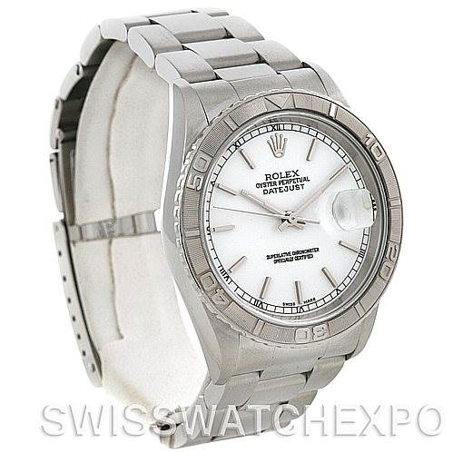 The image shows a Rolex Turn-o-Graph 16264 Men's Stainless Steel White Dial 16264 Men's Stainless Steel White Dial watch at a slight side angle, displaying its face, bezel, and metal bracelet.