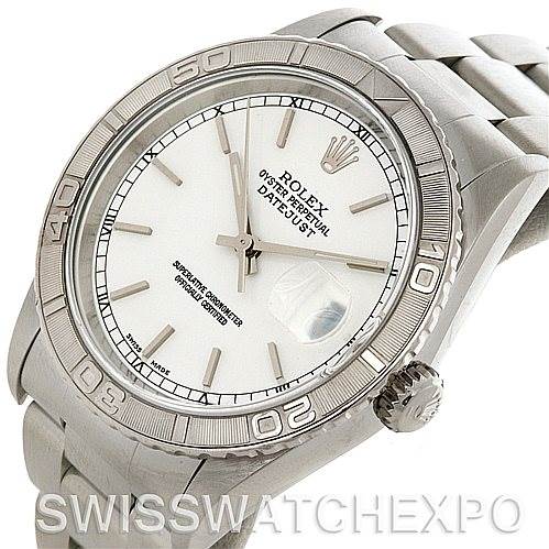 The image features a Rolex Turn-o-Graph 16264 Men's Stainless Steel White Dial 16264 Men's Stainless Steel White Dial watch viewed at a slight angle, showing the dial, bezel, crown, and part of the strap.