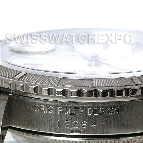 The image shows a side view of the bezel and part of the case of a Rolex Turn-o-Graph 16264 Men's Stainless Steel White Dial 16264 Men's Stainless Steel White Dial, specifically highlighting the engraving.