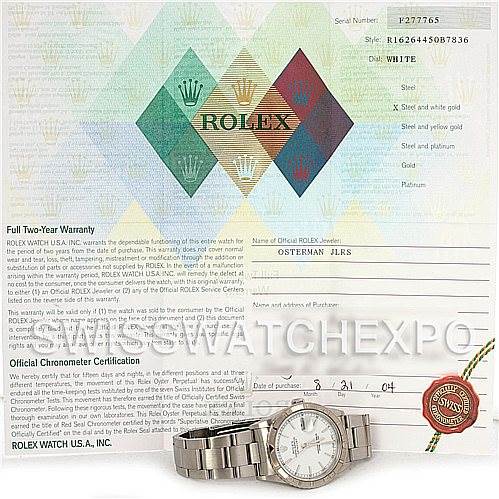 The image shows a Rolex Turn-o-Graph 16264 Men's Stainless Steel White Dial 16264 Men's Stainless Steel White Dial watch, photographed from the front, along with its warranty card and official chronometer certification.