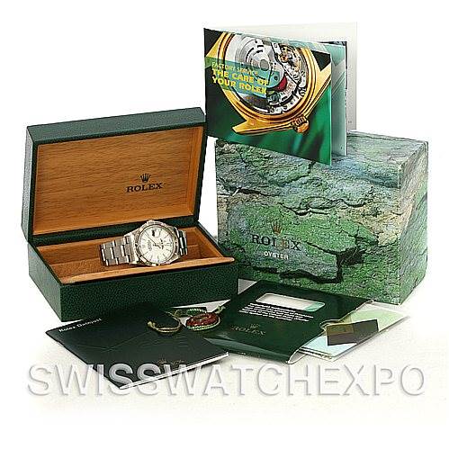 The image shows a Rolex Turn-o-Graph 16264 Men's Stainless Steel White Dial 16264 Men's Stainless Steel White Dial watch in its box with various accessories, including manuals and warranty cards, from an angled top view.