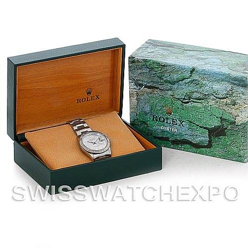 The image shows a Rolex Turn-o-Graph 16264 Men's Stainless Steel Silver Dial 16264 Men's Stainless Steel Silver Dial model watch in an open green and wood Rolex box, with another green Rolex box beside it.