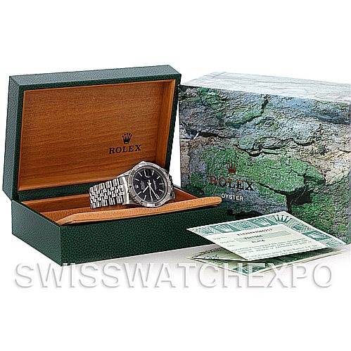 It's an image of a Rolex Turn-o-Graph 16264 Men's Stainless Steel Black Dial 16264 Men's Stainless Steel Black Dial watch in its open box, with papers and additional packaging shown.