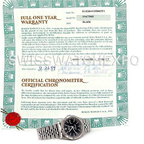 The image shows a top-down view of a Rolex Turn-o-Graph 16264 Men's Stainless Steel Black Dial 16264 Men's Stainless Steel Black Dial watch along with its warranty and official chronometer certification.