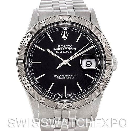 The image shows a front view of a Rolex Turn-o-Graph 16264 Men's Stainless Steel Black Dial 16264 Men's Stainless Steel Black Dial Oyster Perpetual Datejust watch, displaying the dial, bezel, and bracelet.