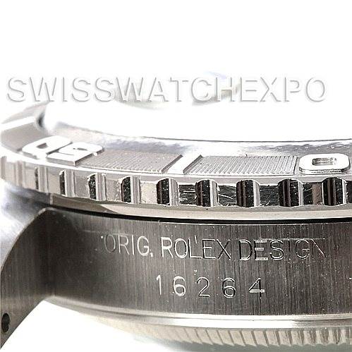 The image shows a close-up of the bezel and case side of the Rolex Turn-o-Graph 16264 Men's Stainless Steel Black Dial 16264 Men's Stainless Steel Black Dial model, highlighting the "ORIG. ROLEX DESIGN" engraving.