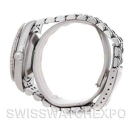 This image shows a side angle of a Rolex Turn-o-Graph 16264 Men's Stainless Steel Black Dial 16264 Men's Stainless Steel Black Dial watch, highlighting its case, bezel, crown, and metal bracelet.