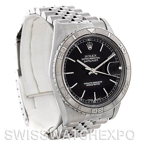 The image shows a Rolex Turn-o-Graph 16264 Men's Stainless Steel Black Dial 16264 Men's Stainless Steel Black Dial watch from a front-left angle, displaying the dial, bezel, and part of the bracelet.