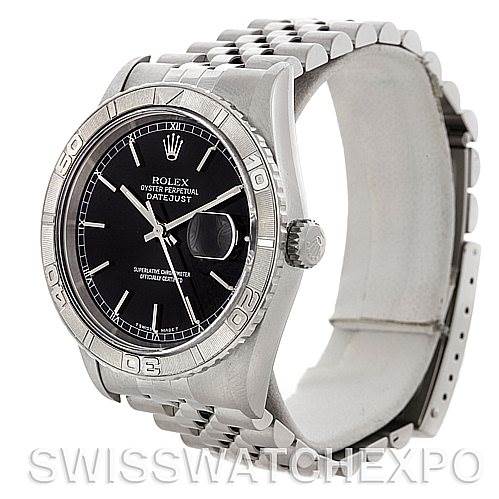 This image shows a front and side angle of the Rolex Turn-o-Graph 16264 Men's Stainless Steel Black Dial 16264 Men's Stainless Steel Black Dial watch, highlighting its bezel, dial, and bracelet.