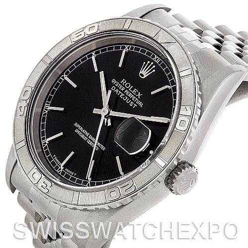 The image shows a Rolex Turn-o-Graph 16264 Men's Stainless Steel Black Dial 16264 Men's Stainless Steel Black Dial model, highlighting the bezel, crown, and bracelet from an angled view.