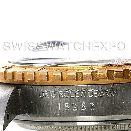 The image shows a close-up side view of a Rolex Turn-o-Graph 16263 Men's Steel and Gold (two tone) Champagne Dial 16263 Men's Steel and Gold (two tone) Champagne Dial watch, highlighting the engraved case and bezel.