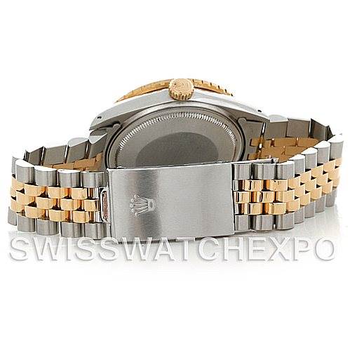 This image shows the back case and bracelet clasp of a Rolex Turn-o-Graph 16263 Men's Steel and Gold (two tone) Champagne Dial 16263 Men's Steel and Gold (two tone) Champagne Dial watch at a rear angle.