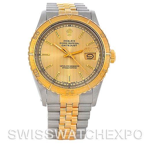 The image shows a front view of a Rolex Turn-o-Graph 16263 Men's Steel and Gold (two tone) Champagne Dial 16263 Men's Steel and Gold (two tone) Champagne Dial watch featuring a gold and silver bracelet and a gold dial with a date window.