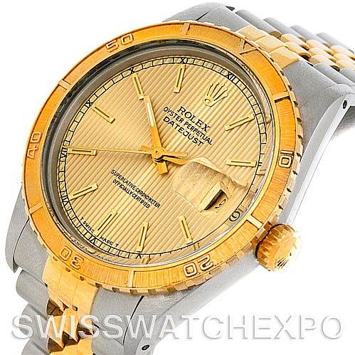 The image shows a Rolex Turn-o-Graph 16263 Men's Steel and Gold (two tone) Champagne Dial 16263 Men's Steel and Gold (two tone) Champagne Dial watch from an angled view, showcasing its face, bezel, and part of the bracelet.