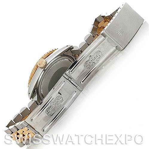 The image shows the back and clasp of a Rolex Turn-o-Graph 16263 Men's Steel and Gold (two tone) Champagne Dial 16263 Men's Steel and Gold (two tone) Champagne Dial watch, highlighting its two-tone bracelet and engraved clasp.